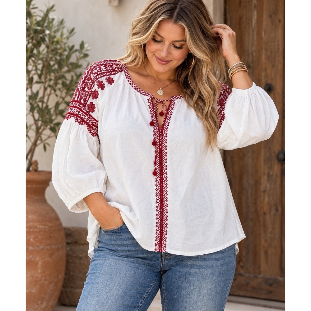 Max Studio Embroidered Peasant Blouse White Red Boho Folk Cottagecore Top Medium